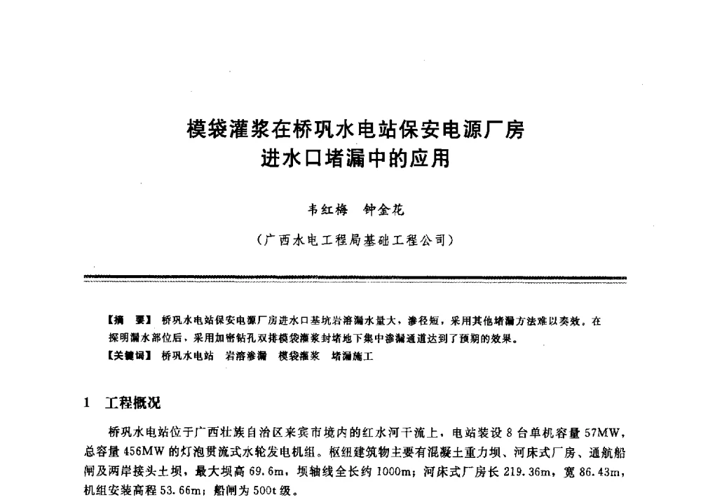 模袋灌浆在桥巩水电站保安电源厂房进水口堵漏中的应用 - 2009年地基基础工程与锚固注浆技术研讨会