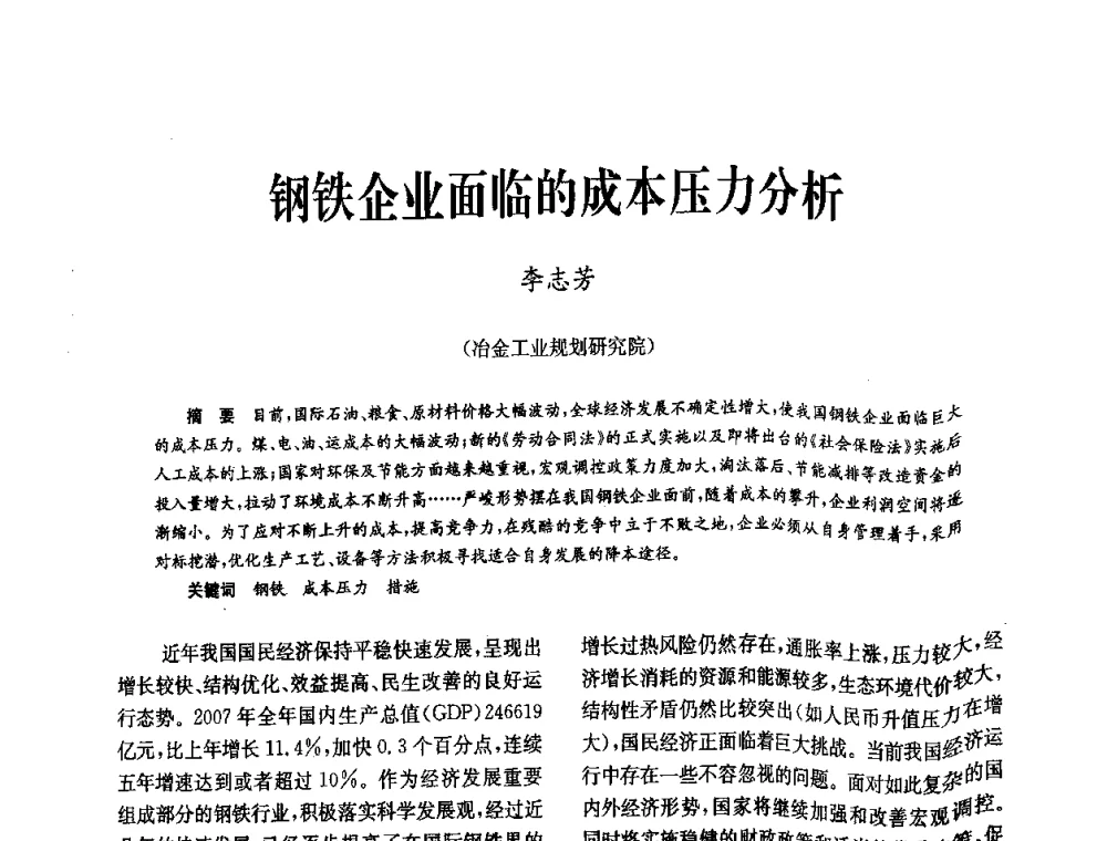 钢铁企业面临的成本压力分析 - 中国金属学会冶金技术经济学会第十届年会