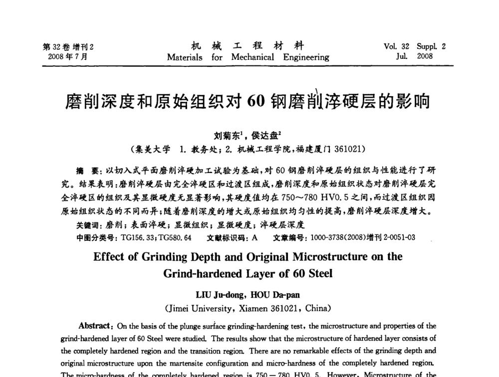 磨削深度和原始组织对60钢磨淬硬层的影响 - 中国机械工程学会2008年机械装备结构材料与表面技术研讨会