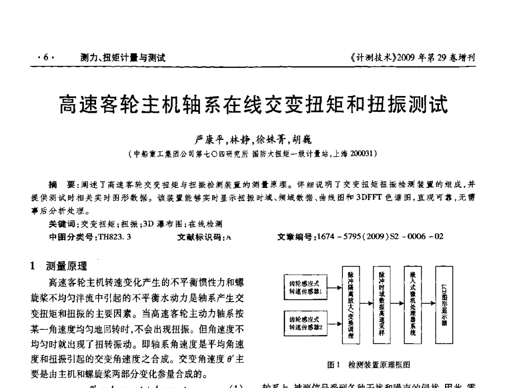 高速客轮主机轴系在线交变扭矩和扭振测试 - 2009年国防系统测力、硬度计量测试技术交流会