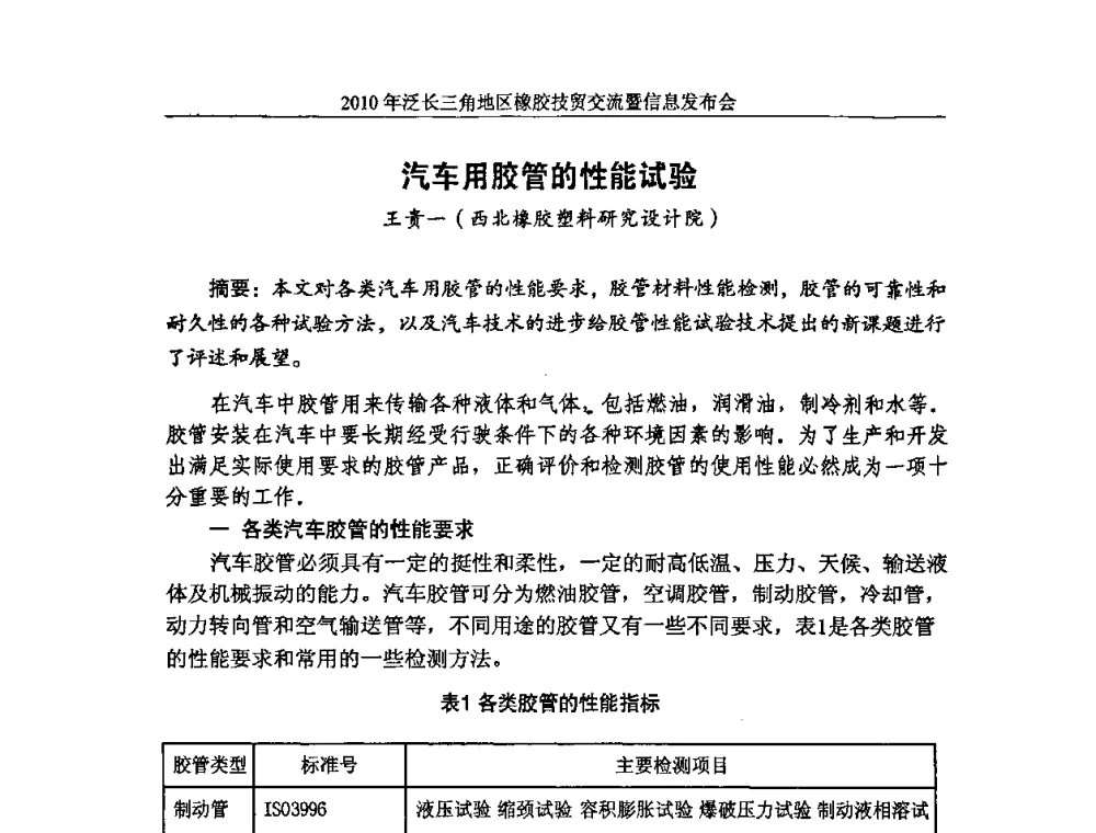 汽车用胶管的性能试验 - 2010年泛长三角地区橡胶技贸交流暨信息发布会