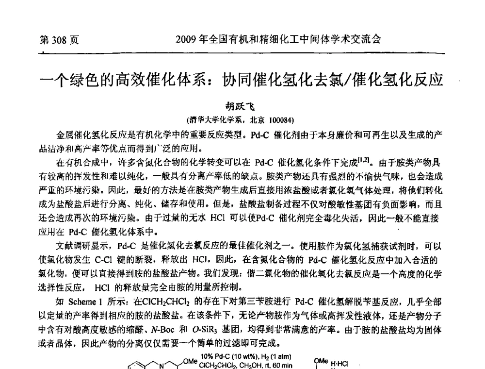 一个绿色的高效催化体系_协同催化氢化去氯_催化氢化反应 - 全国第15届有机和精细化工中间体学术交流会