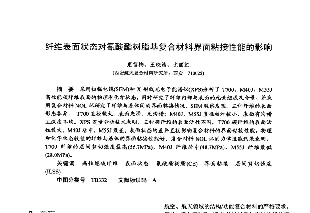 纤维表面状态对氰酸酯树脂基复合材料界面粘接性能的影响 - 第十五届全国复合材料学术会议