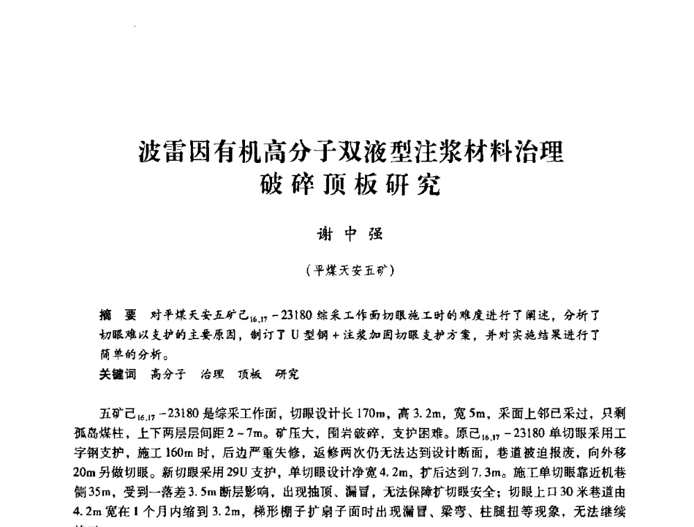 波雷因有机高分子双液型注浆材料治理破碎顶板研究 - 第三届全国煤炭工业生产一线青年技术创新论坛