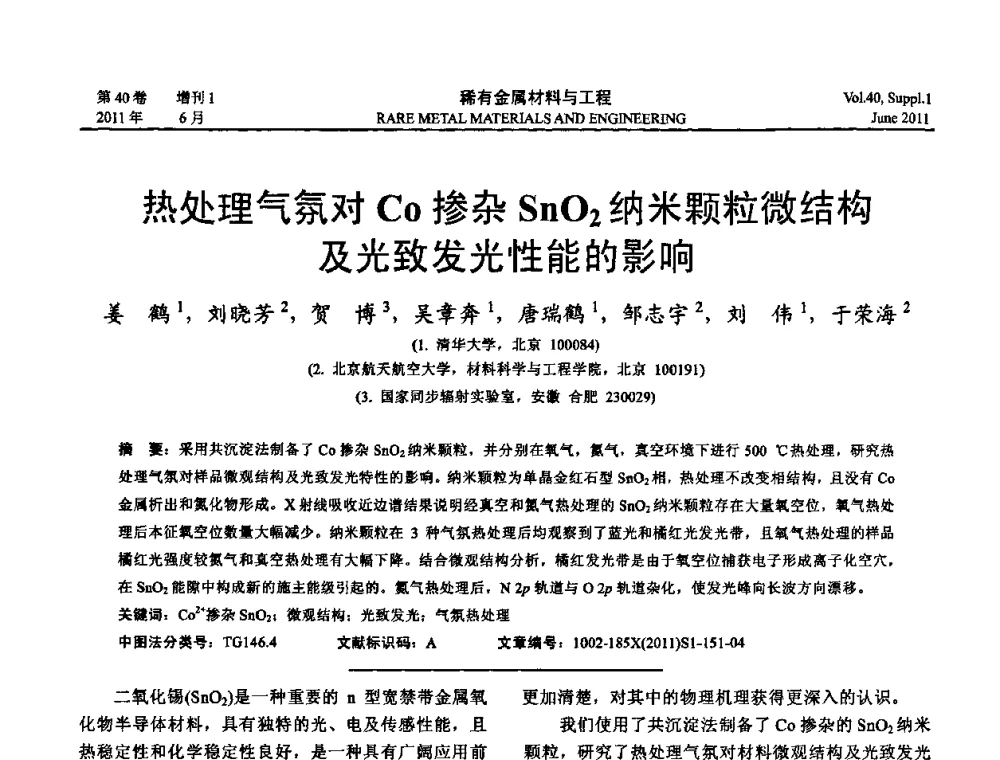 热处理气氛对Co掺杂SnO2纳米颗粒微结构及光致发光性能的影响 - 第十六届全国高技术陶瓷学术年会暨景德镇高技术陶瓷高层论坛