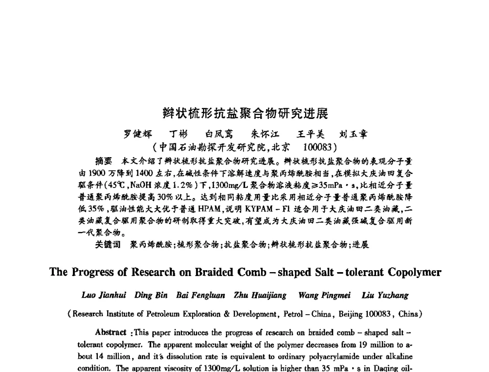 辫状梳形抗盐聚合物研究进展 - 2009中国油田化学品发展研讨会(第23次全国工业表面活性剂发展研讨会)