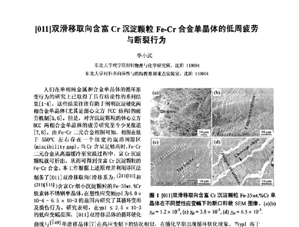 [011]双滑移取向含富Cr沉淀颗粒Fe-Cr合金单晶体的低周疲劳与断裂行为 - 第十五届全国疲劳与断裂学术会议
