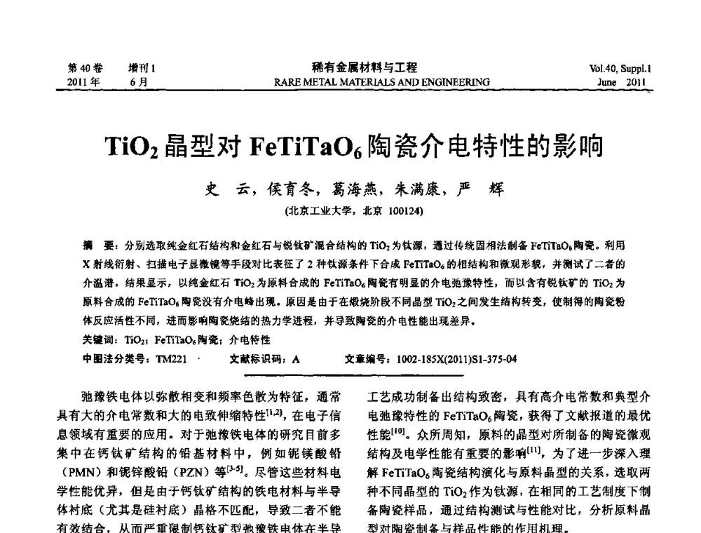 TiO2晶型对FeTiTaO6陶瓷介电特性的影响 - 第十六届全国高技术陶瓷学术年会暨景德镇高技术陶瓷高层论坛