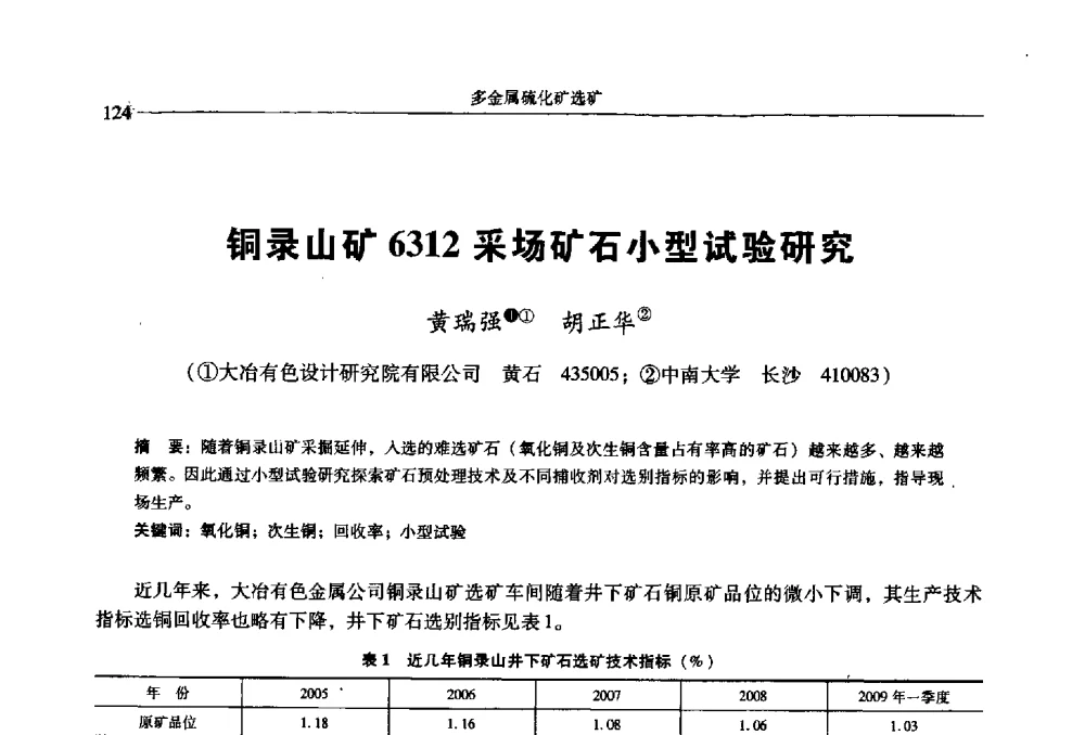 铜录山矿6312采场矿石小型试验研究 - 2009年全国选矿学术会议