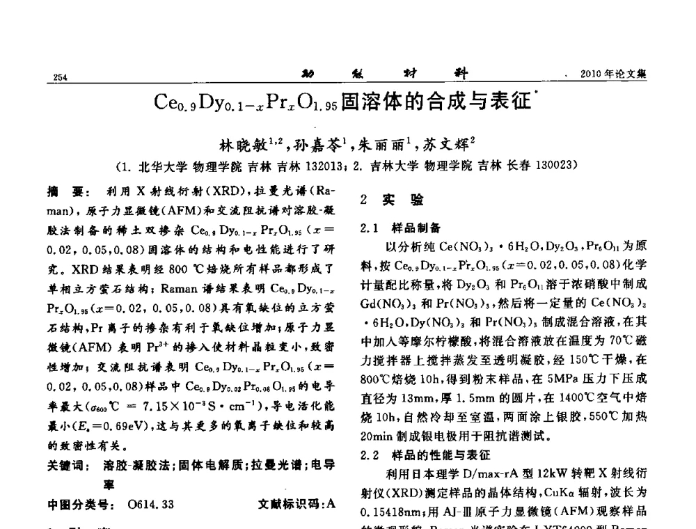 Ce0.9Dy0.1-xPrxO1.95固溶体的合成与表征 - 第七届中国功能材料及其应用学术会议