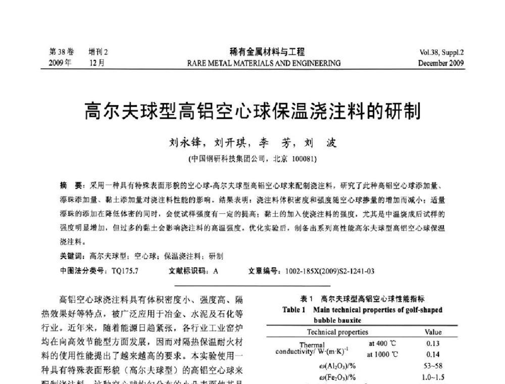 高尔夫球型高铝空心球保温浇注料的研制 - 第十五届全国高技术陶瓷学术年会