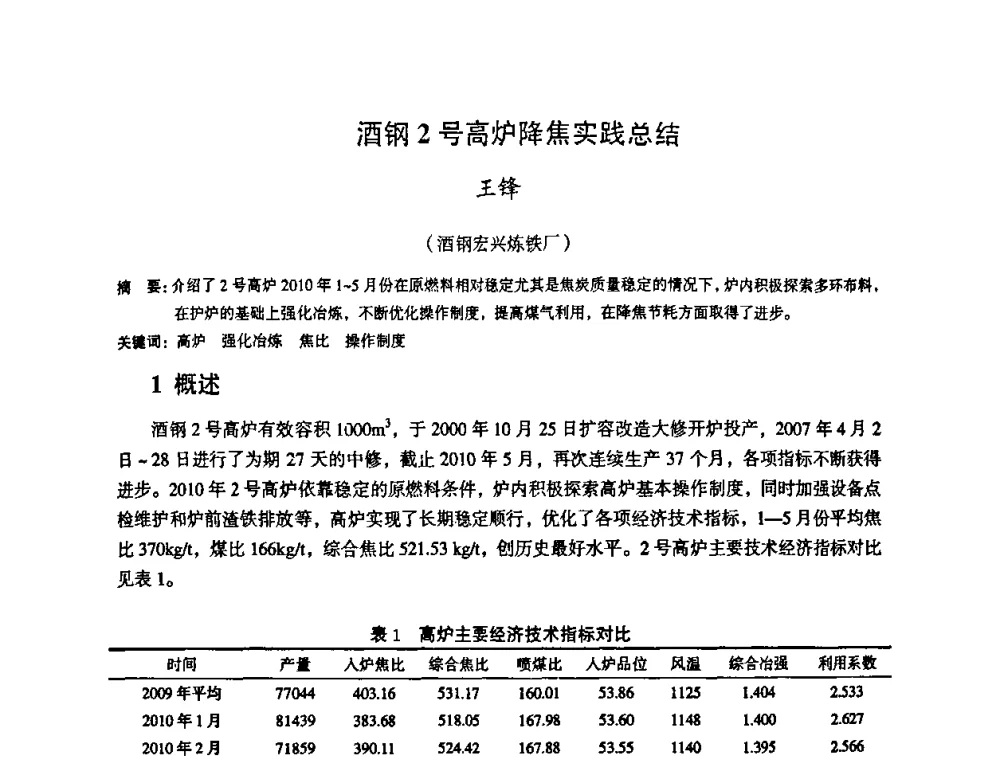 酒钢2号高炉降焦实践总结 - 第十一届全国大高炉炼铁学术年会