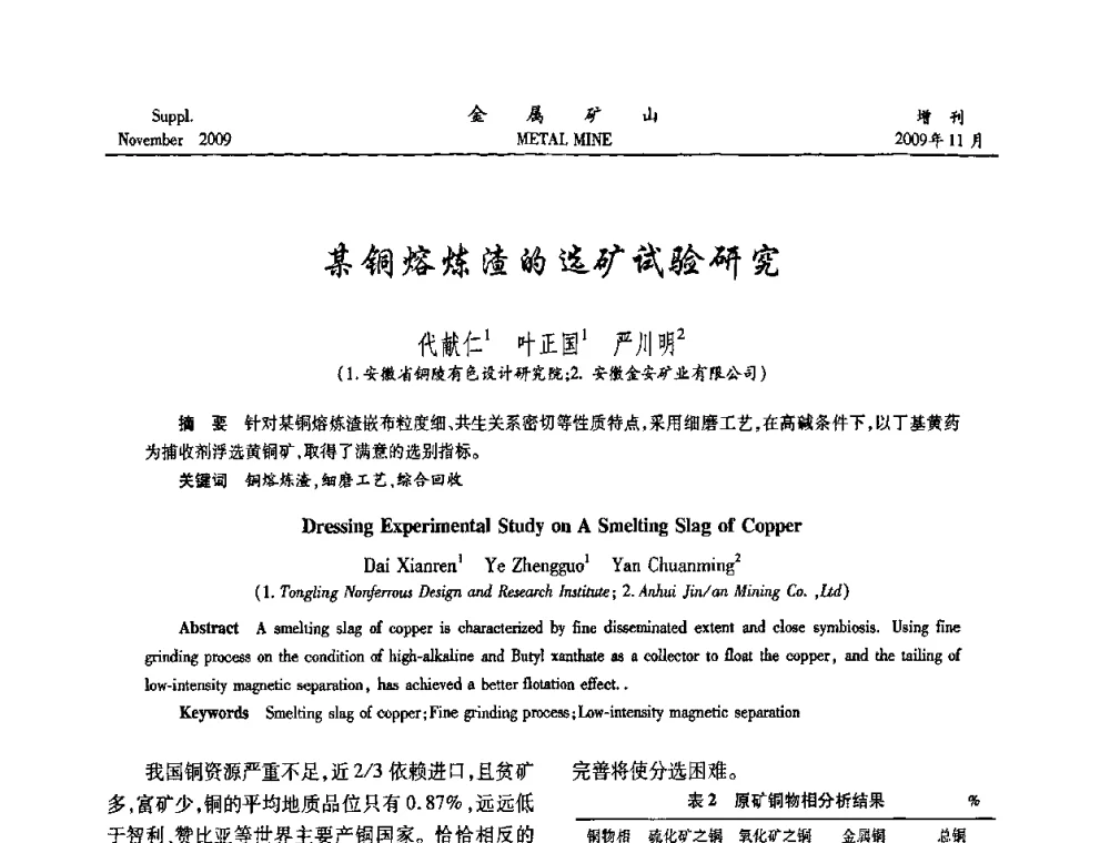 某铜熔炼渣的选矿试验研究 - 2009年金属矿产资源高效选冶加工利用和节能减排技术及设备学术研讨会