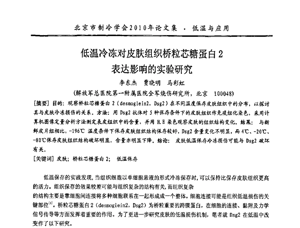 低温冷冻对皮肤组织桥粒芯糖蛋白2表达影响的实验研究 - 庆祝北京制冷学会成立三十周年暨第十届学术年会