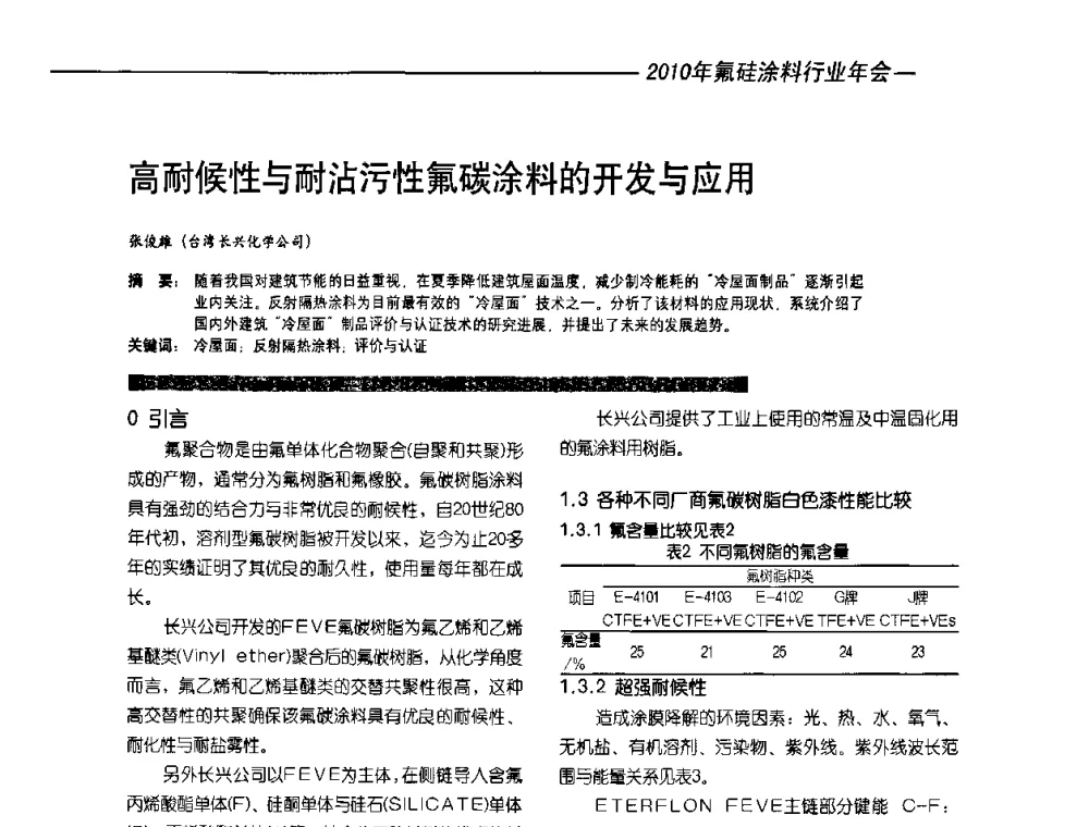 高耐候性与耐沾污性氟碳涂料的开发与应用 - 2010氟硅涂料年会