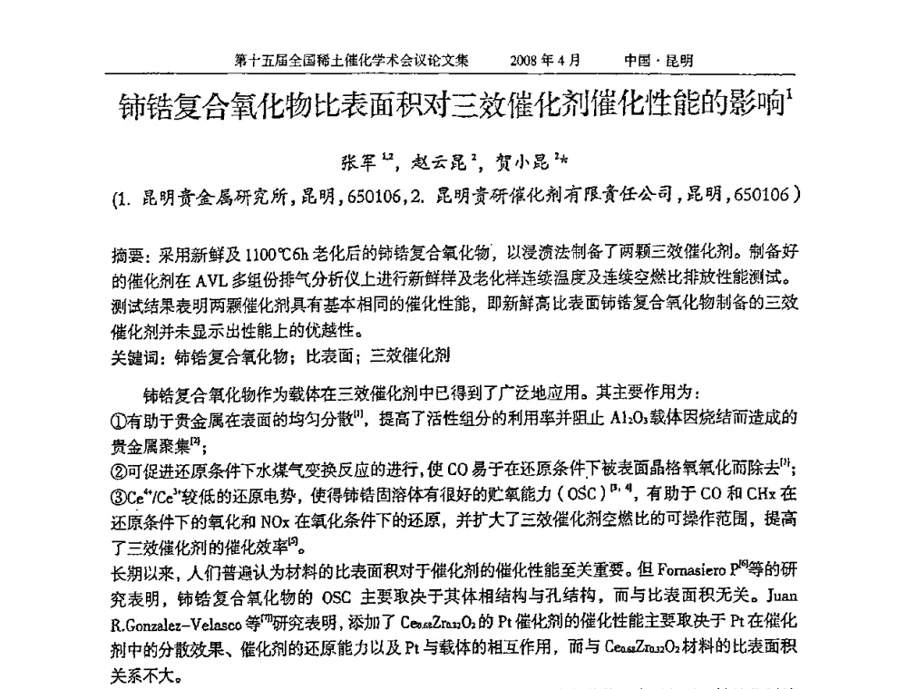 铈锆复合氧化物比表面积对三效催化剂催化性能的影响 - 第十五届全国稀土催化学术会议