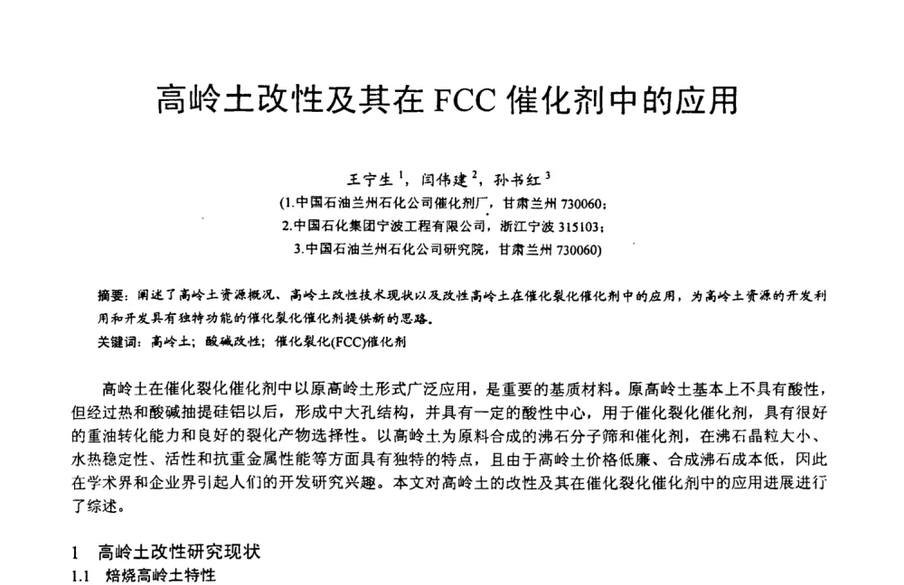 高岭土改性及其在FCC催化剂中的应用 - 第四届中国非金属矿科技与市场交流大会