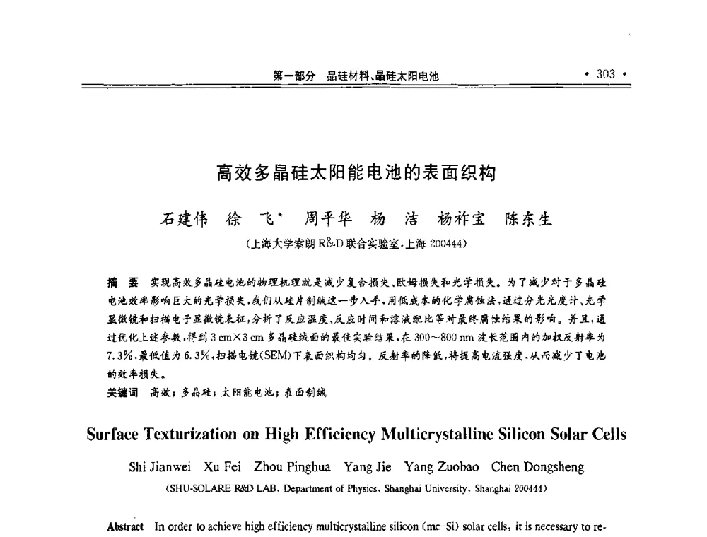 高效多晶硅太阳能电池的表面织构 - 第十一届中国光伏大会暨展览会