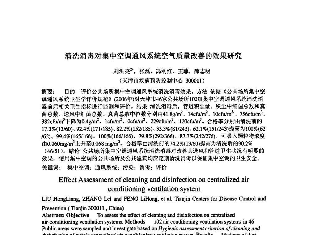 清洗消毒对集中空调通风系统空气质量改善的效果研究 - 中国环境科学学会室内环境与健康分会2008年学术年会