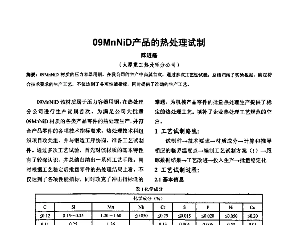 09MnNiD产品的热处理试制 - 华北地区第十八届机械工程热处理技术交流会暨内蒙古机械工程学会热处理专业委员会第十五届学术年会