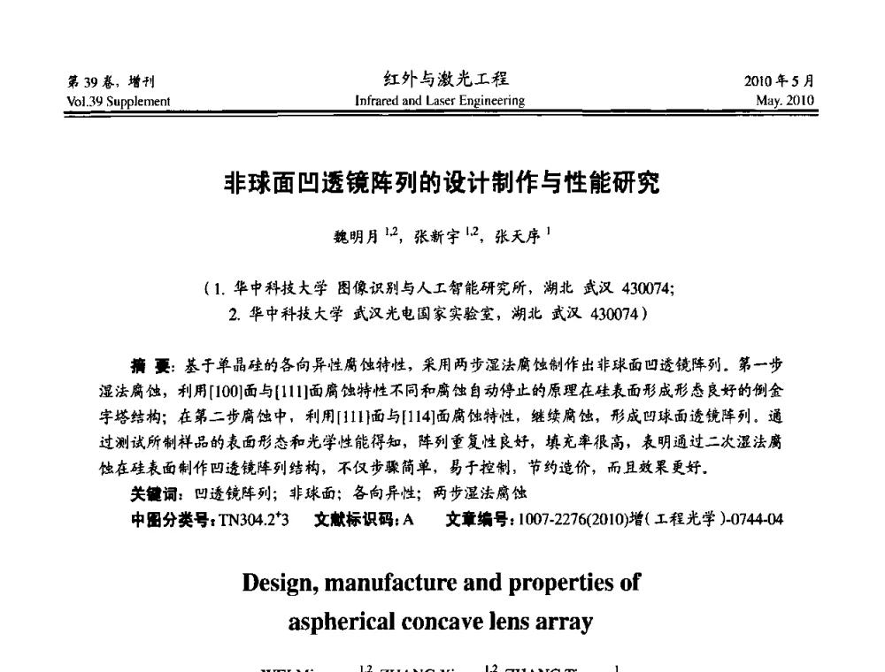 非球面凹透镜阵列的设计制作与性能研究 - 第九届全国光电技术学术交流会