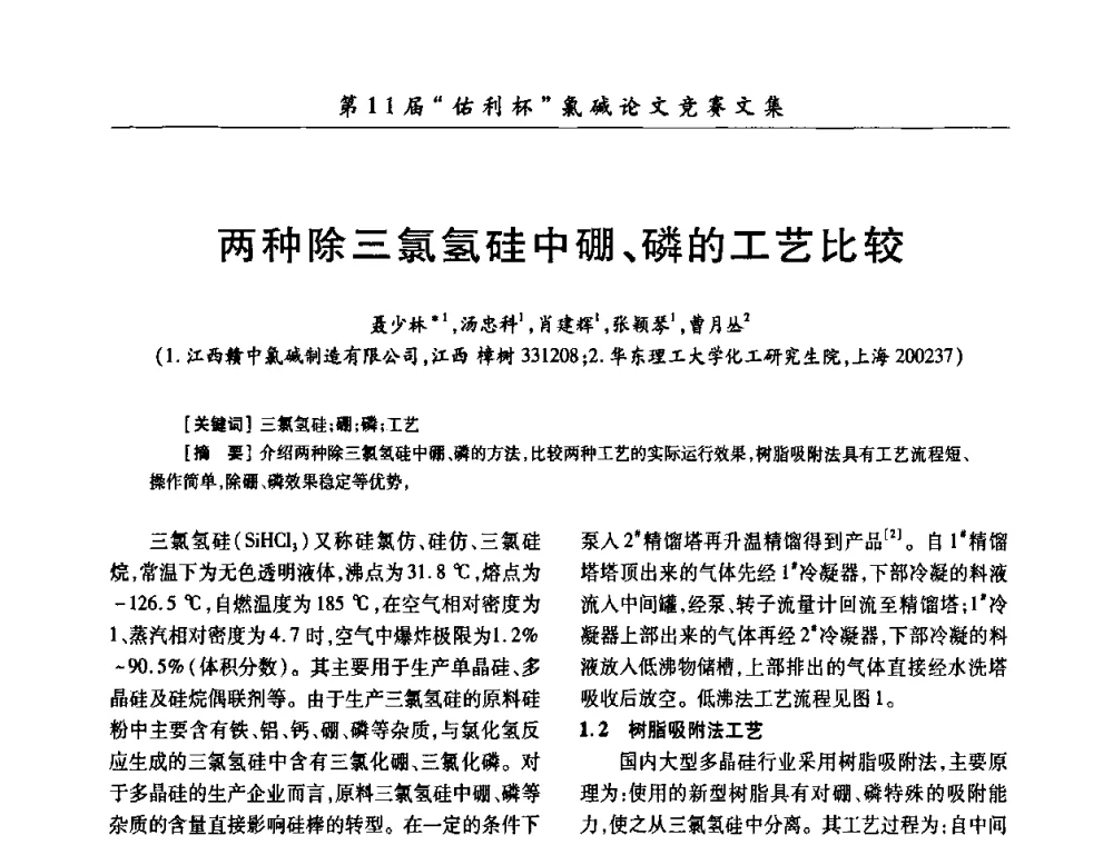 两种除三氯氢硅中硼、磷的工艺比较 - 第28届全国氯碱行业技术年会暨第11届“佑利杯”论文交流会