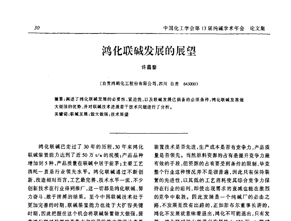 鸿化联碱发展的展望 - 中国化工学会无机酸碱盐专业委员会第十三届纯碱学术年会
