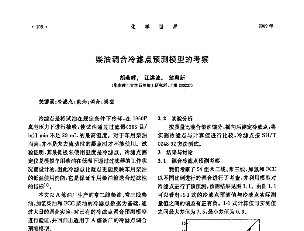 柴油调合冷滤点预测模型的考察 - 上海市化学化工学会2009年度学术年会