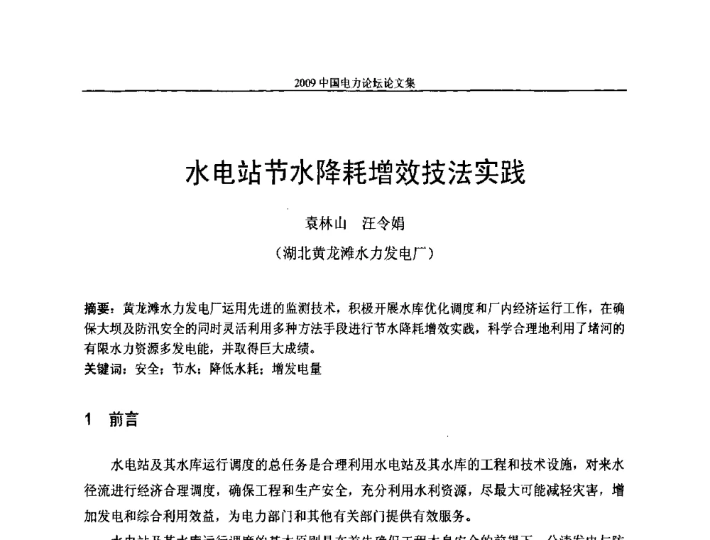 水电站节水降耗增效技法实践 - 2009中国电力论坛