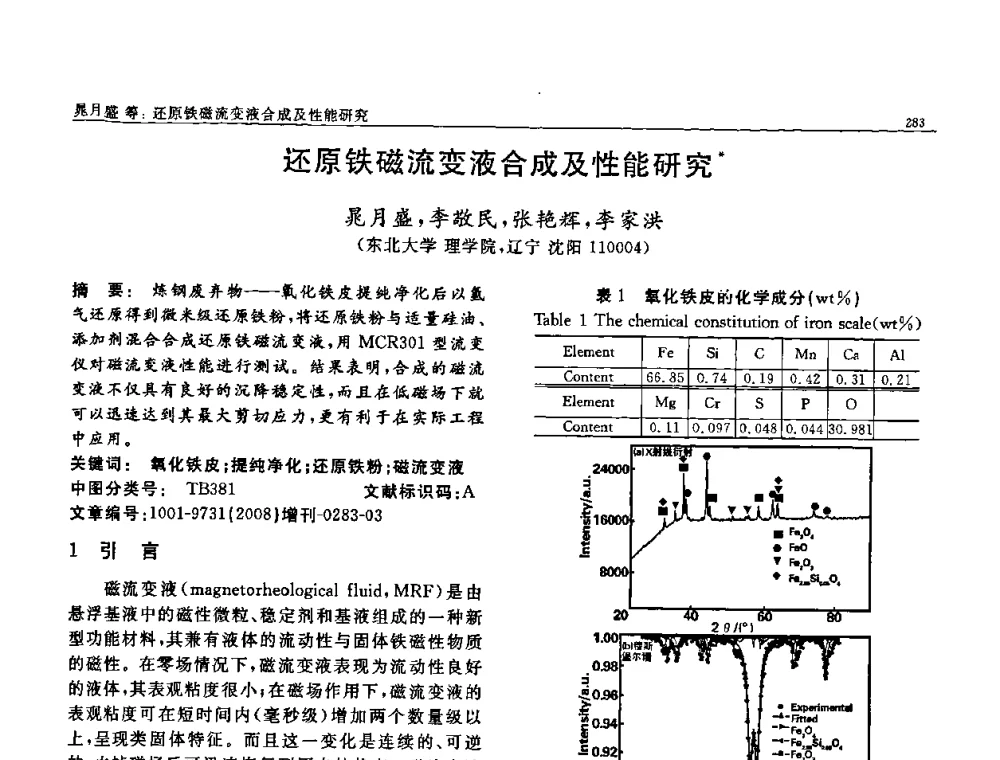 还原铁磁流变液合成及性能研究 - 二〇〇八全国功能材料科技与产业高层论坛