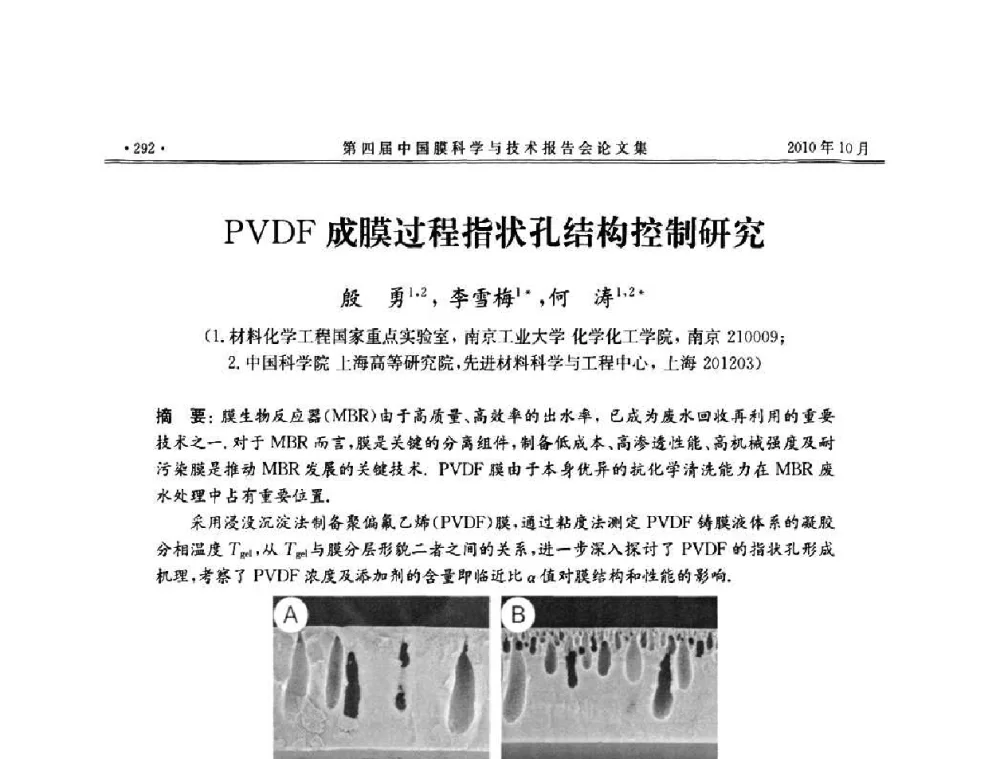PVDF成膜过程指状孔结构控制研究 - 第四届中国膜科学与技术报告会