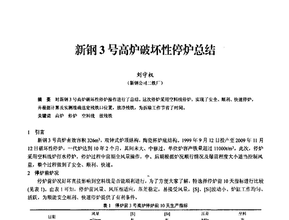 新钢3号高炉破坏性停炉总结 - 2010中小高炉炼铁学术年会