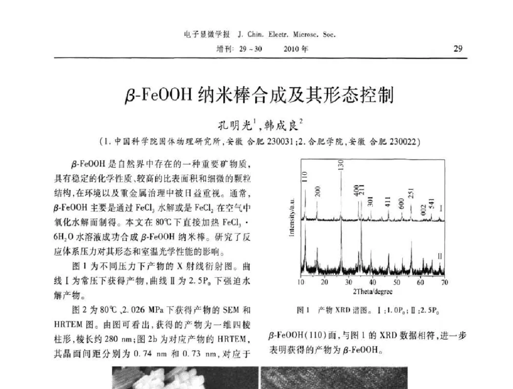 β-FeOOH纳米棒合成及其形态控制 - 2010年全国电子显微学会议暨第八届海峡两岸电子显微学研讨会