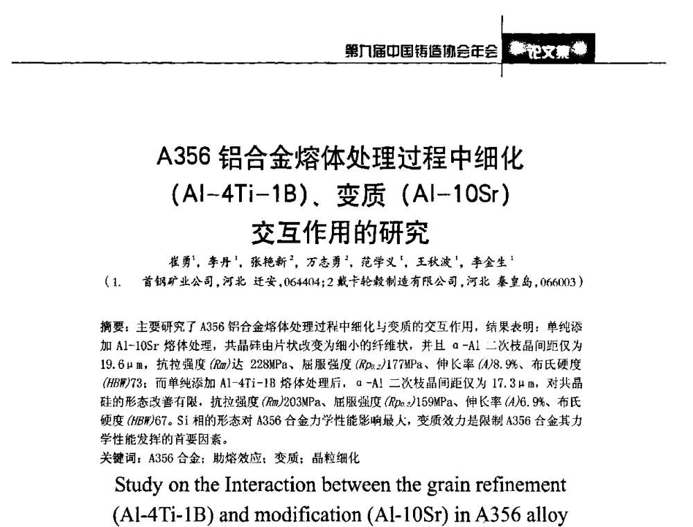 A356铝合金熔体处理过程中细化(Al-4Ti-1B)、变质(Al-10Sr)交互作用的研究 - 第九届中国铸造协会年会