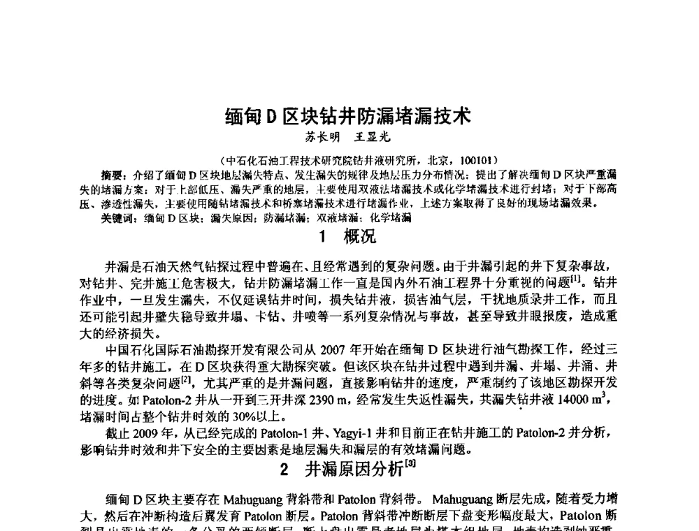 缅甸D区块钻井防漏堵漏技术 - 第十届石油钻井院所长会议