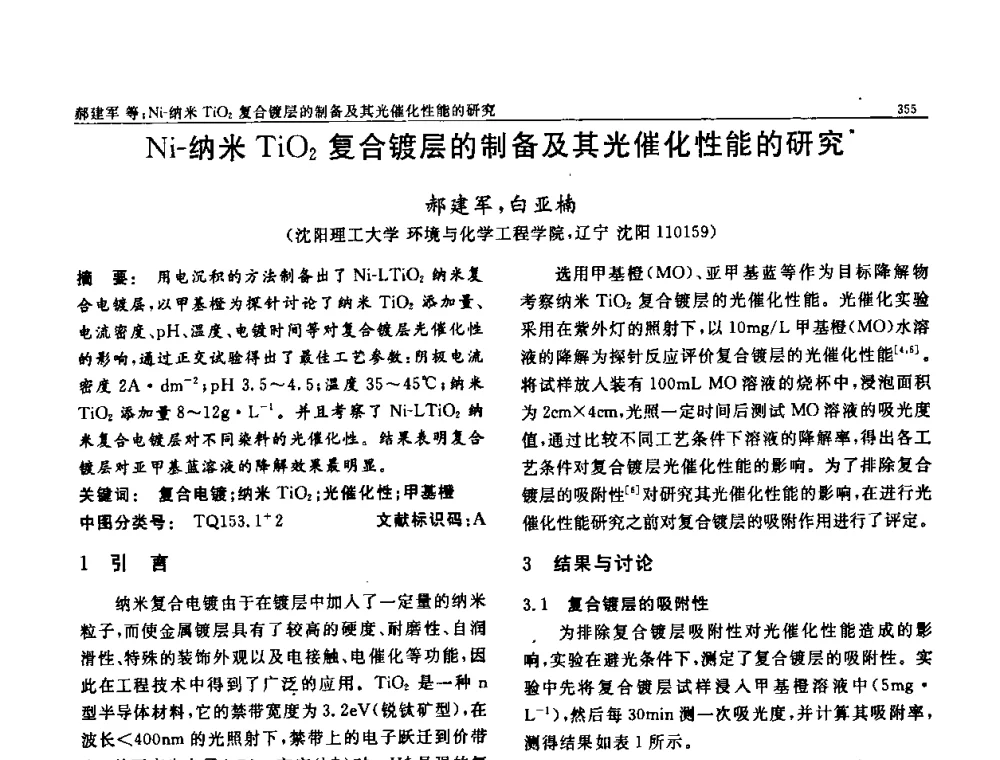 Ni-纳米TiO2复合镀层的制备及其光催化性能的研究 - 第七届中国功能材料及其应用学术会议