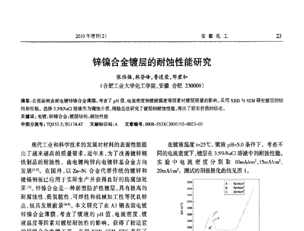 锌镍合金镀层的耐蚀性能研究 - 安徽省第十二届腐蚀与防护学术交流会