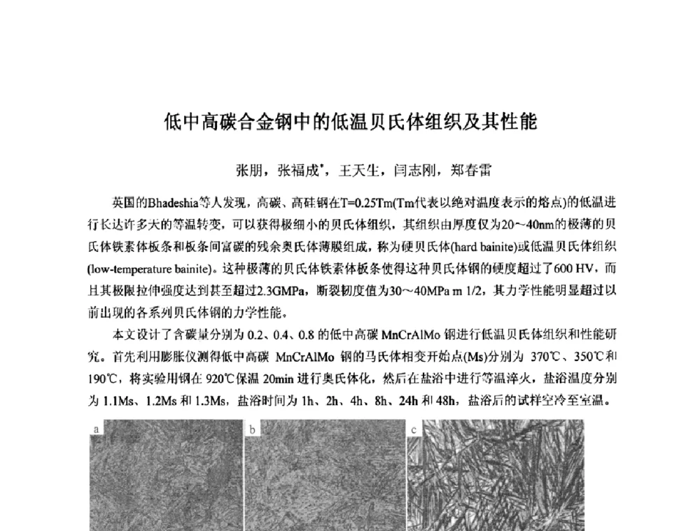 低中高碳合金钢中的低温贝氏体组织及其性能 - 第九届全国固态相变、凝固及应用学术会议
