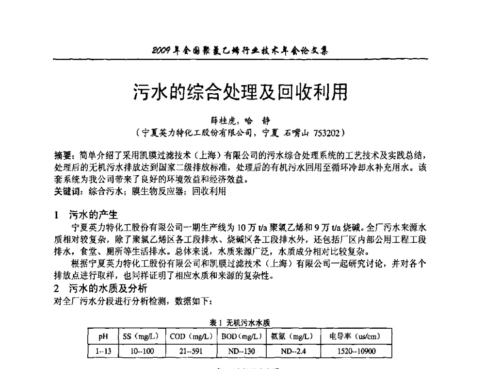 污水的综合处理及回收利用 - 2009年全国聚氯乙烯行业技术年会