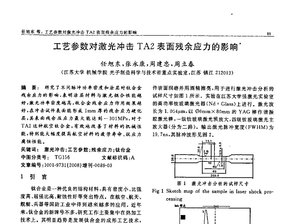 工艺参数对激光冲击TA2表面残余应力的影响 - 二〇〇八全国功能材料科技与产业高层论坛