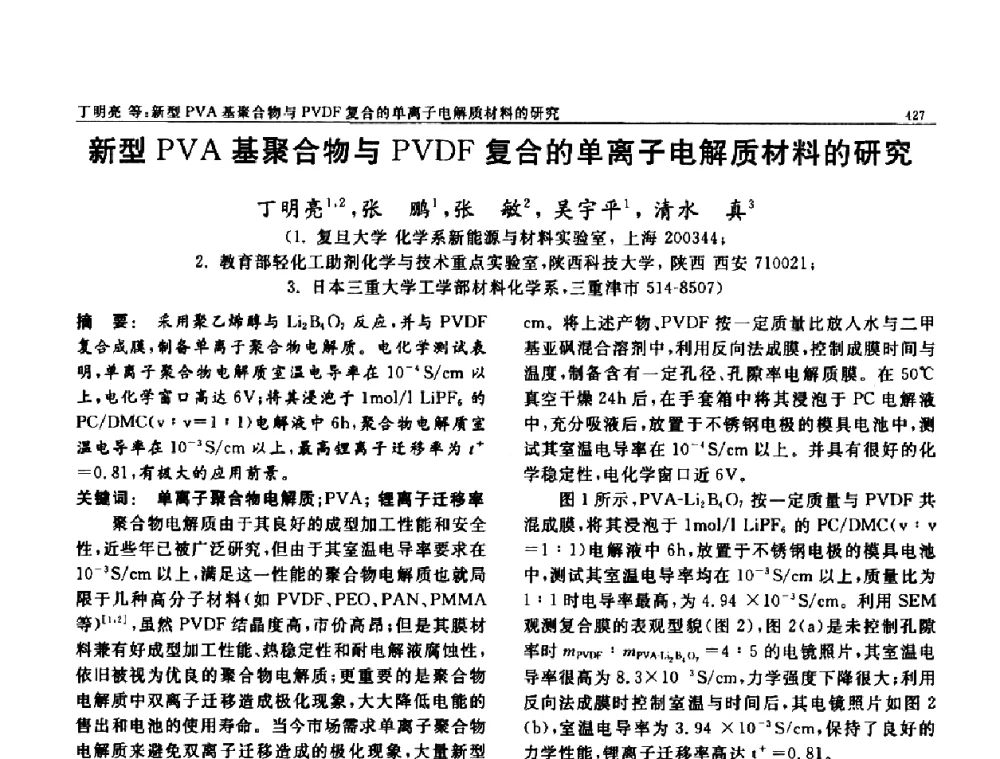 新型PVA基聚合物与PVDF复合的单离子电解质材料的研究 - 第七届中国功能材料及其应用学术会议