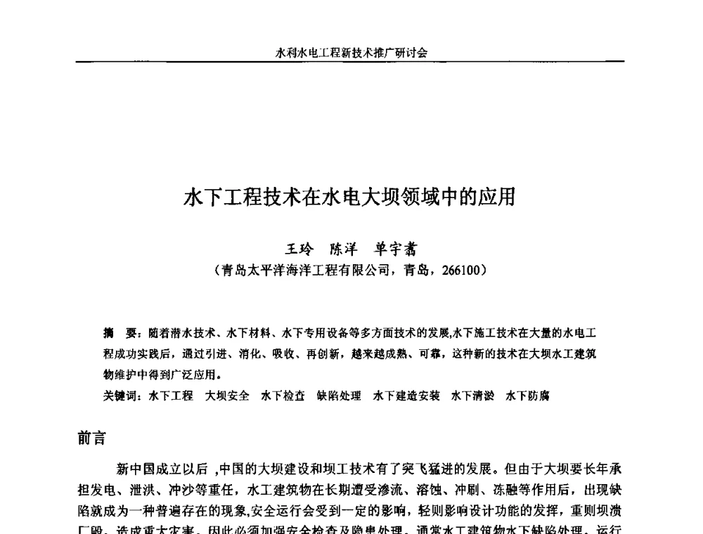 水下工程技术在水电大坝领域中的应用 - 水利水电工程新技术推广研讨会暨中国水利学会水工结构专业委员会第九次年会