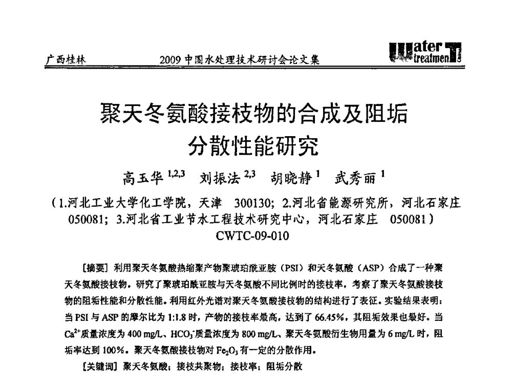 聚天冬氨酸接枝物的合成及阻垢分散性能研究 - 2009中国水处理技术研讨会暨第29届年会