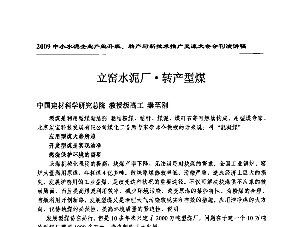 立窑水泥厂转产型煤 - 2009中小水泥企业升级转产与新技术交流会