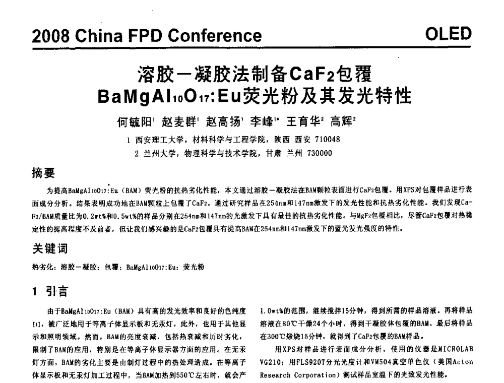 溶胶—凝胶法制备CaF2包覆BaMgAl10O17_Eu荧光粉及其发光特性 - 2008中国平板显示学术会议