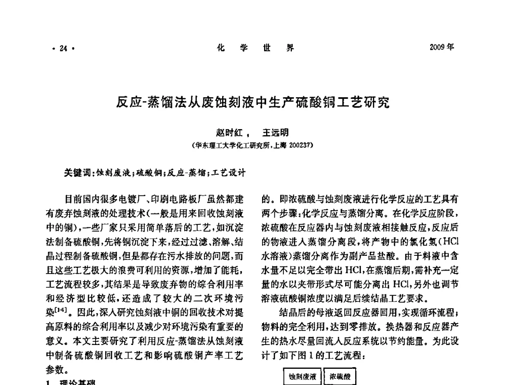 反应-蒸馏法从废蚀刻液中生产硫酸铜工艺研究 - 上海市化学化工学会2009年度学术年会