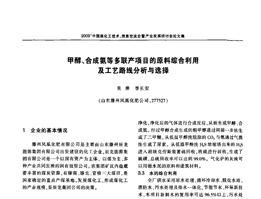 甲醇、合成氨等多联产项目的原料综合利用及工艺路线分析与选择 - 2009中国煤化工技术、信息交流会暨产业发展研讨会