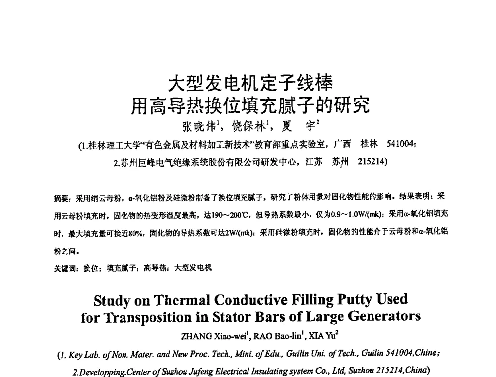 大型发电机定子线棒用高导热换位填充腻子的研究 - 中国电工技术学会绝缘材料与绝缘技术专业委员会2009绝缘材料技术发展研讨会
