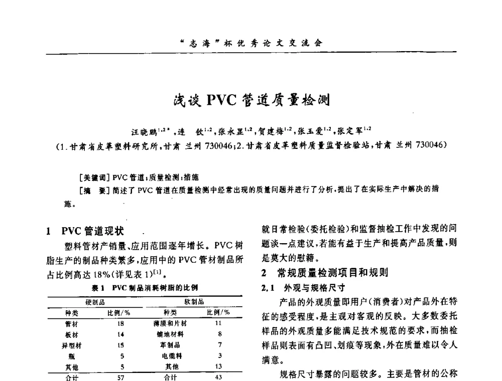 浅谈PVC管道质量检测 - 第7届全国PVC塑料与树脂技术年会