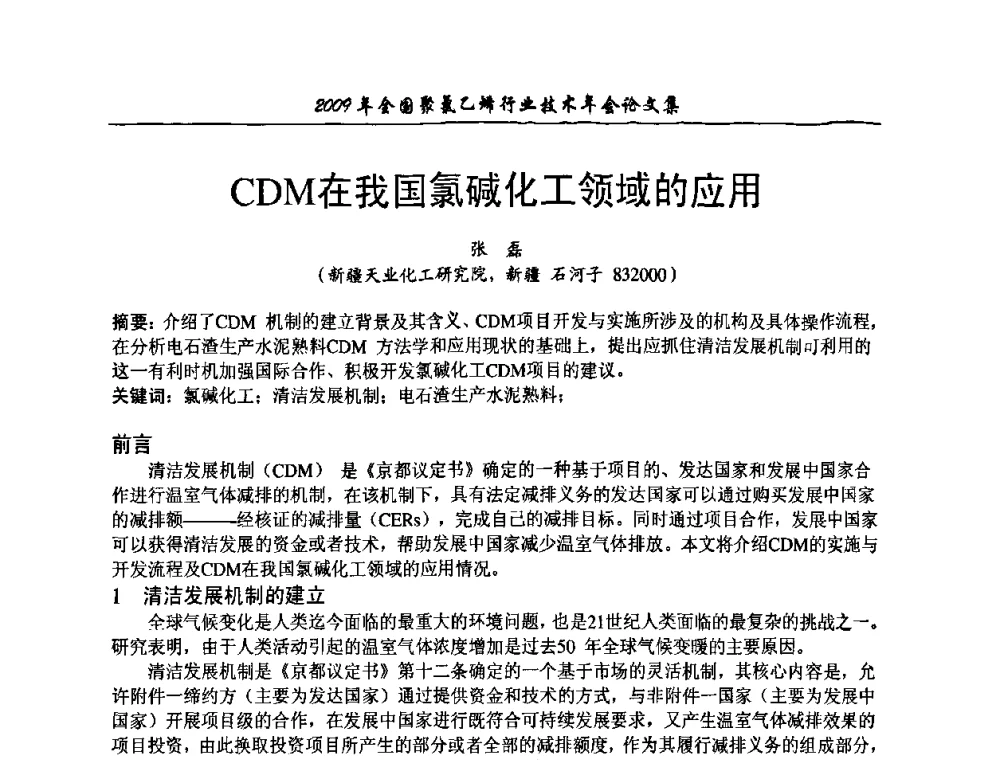 CDM在我国氯碱化工领域的应用 - 2009年全国聚氯乙烯行业技术年会